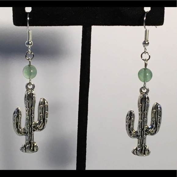 Green Aventurine Silver Cactus Earrings - Picture 3 of 8
